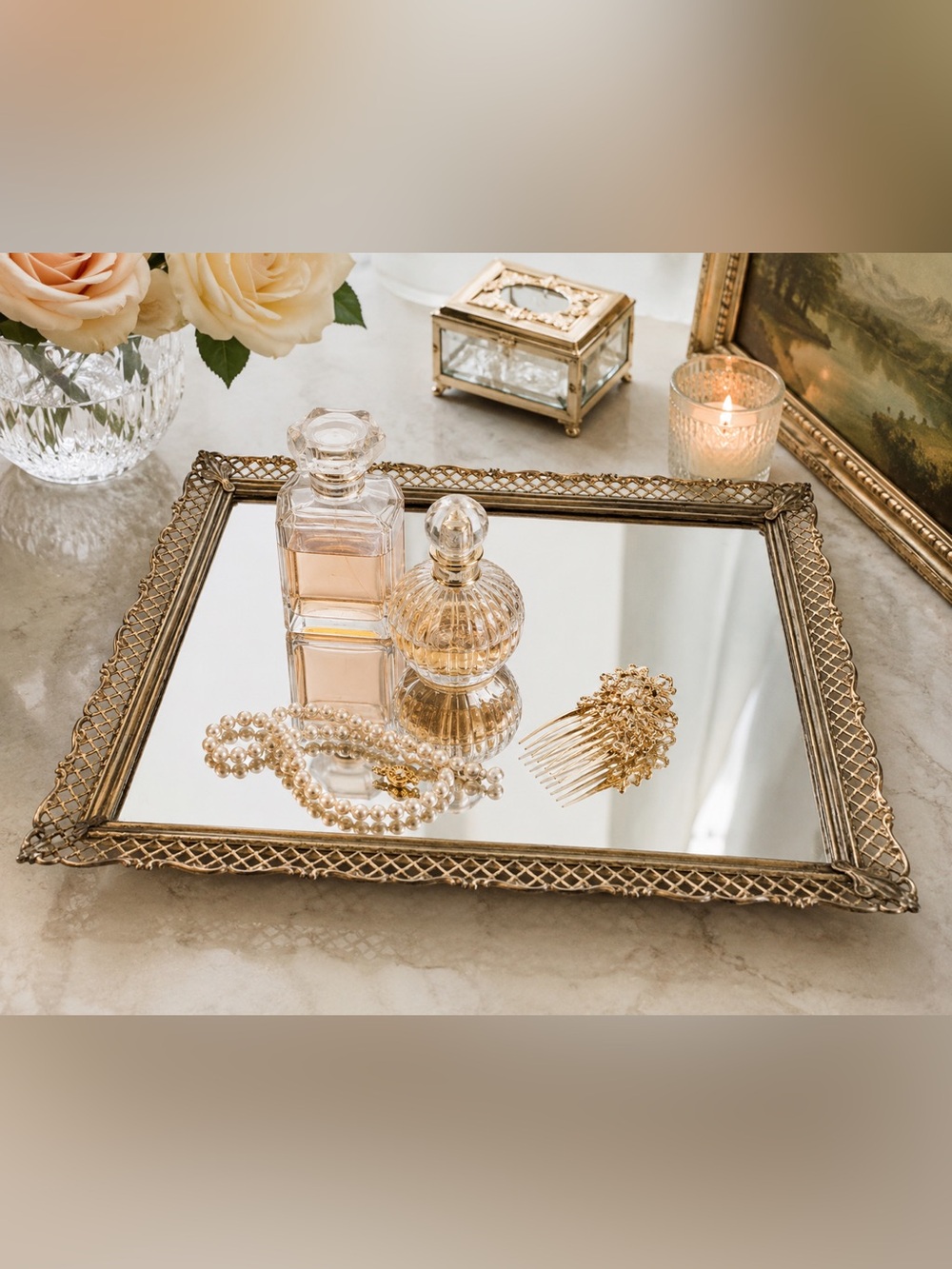 Vintage Antique Gold Filigree Vanity Mirror Tray Wall Mirror Hollywood Regency